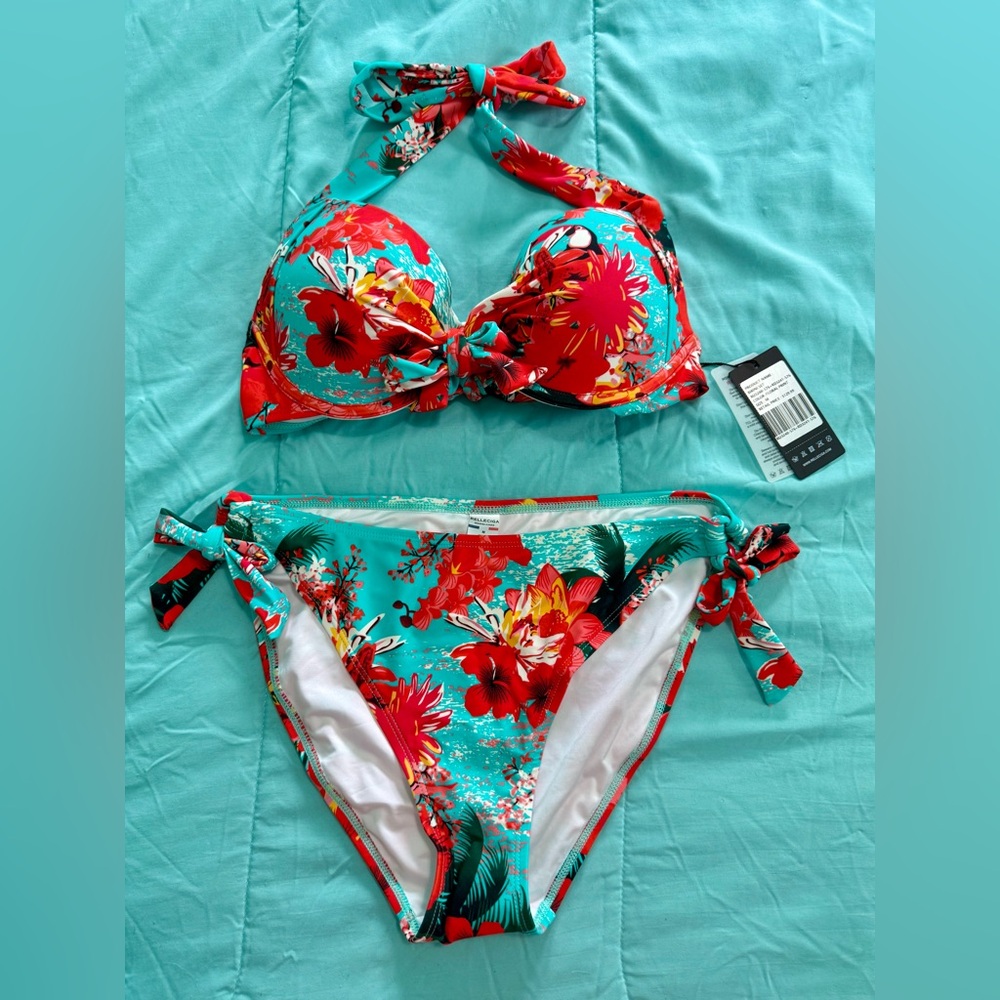 NWT Tropical Bikini Push up set Medium $129 msrp aqua red floral swim